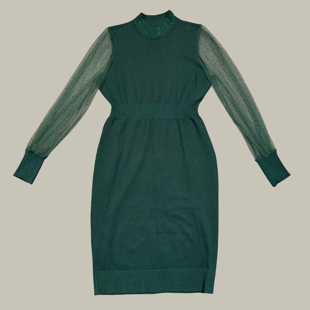 Absolutely Famous Sweater Dress Women Large Green Sheer Rhinestone Holiday Party